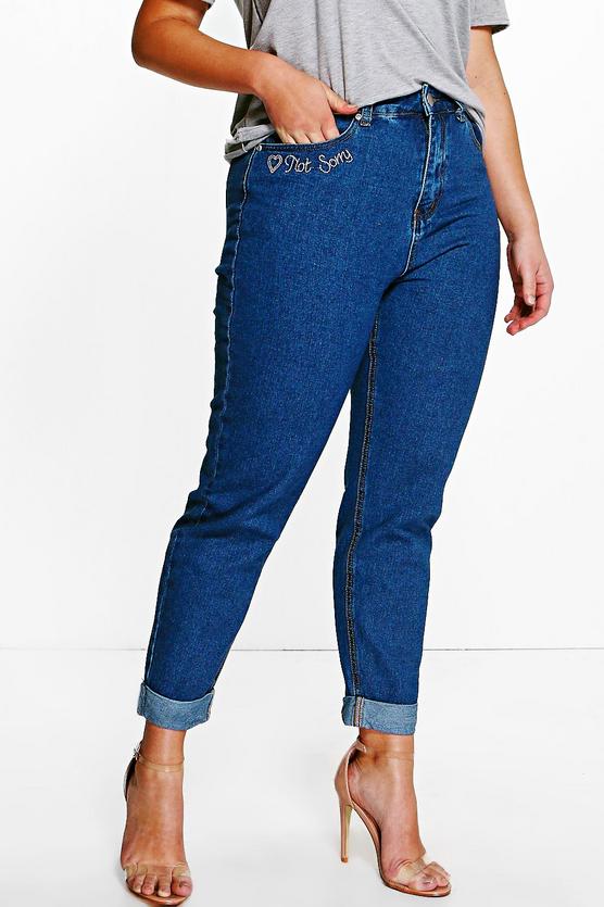 Plus Lottie Embroidered Hem Mom Jean